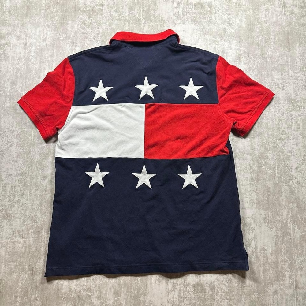 Tommy Hilfiger Polo Shirt Mens XL Navy Blue Red Stars Americana Custom Fit